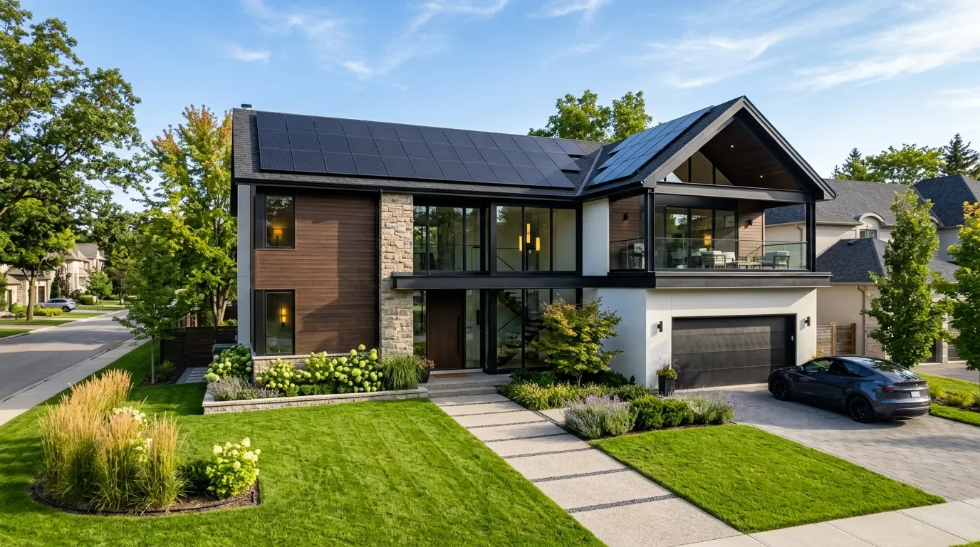 Two-story home with an all-black rooftop solar array