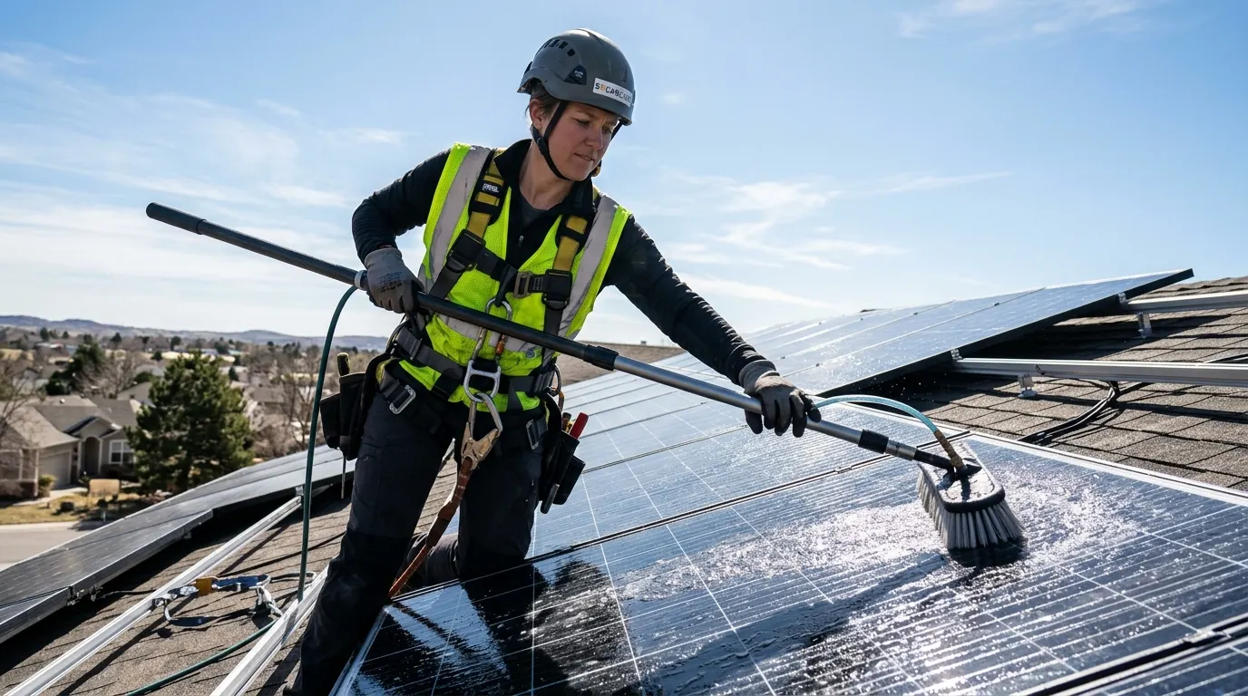Solar technician servicing a rooftop solar array