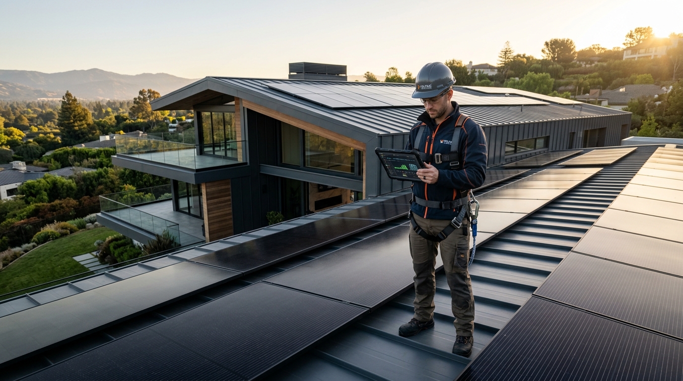 Master solar technician performing rooftop diagnostic testing on luxury residential solar array