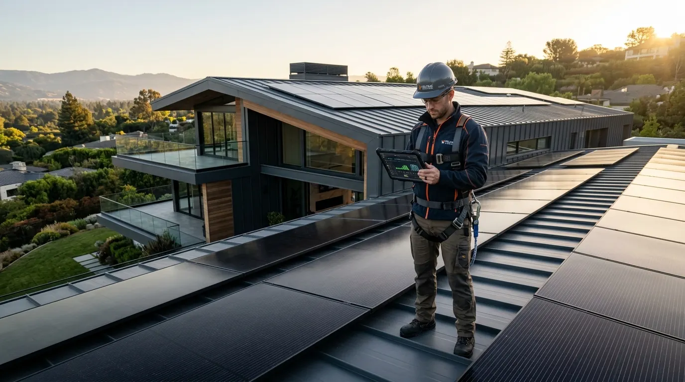 Technician testing a residential rooftop solar array