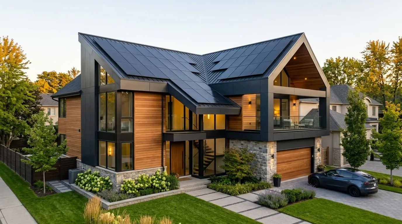 Modern home with solar panels covering its roof at dusk